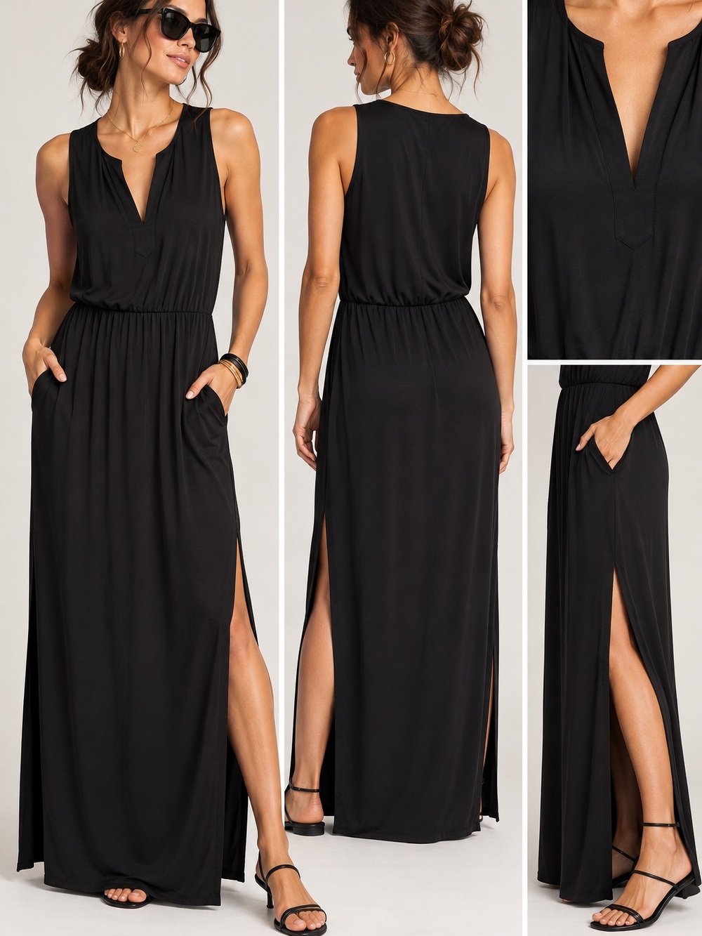 🖤MAKE OFFER🖤 BCBGMaxAzria Black Sleeveless V-Neck Maxi Dress Pockets Sz Small